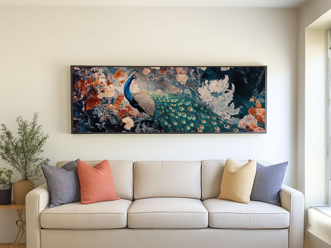 Vibrant Peacock Mosaic Floral Panoramic Living Room Wall Art Poster - Image 3