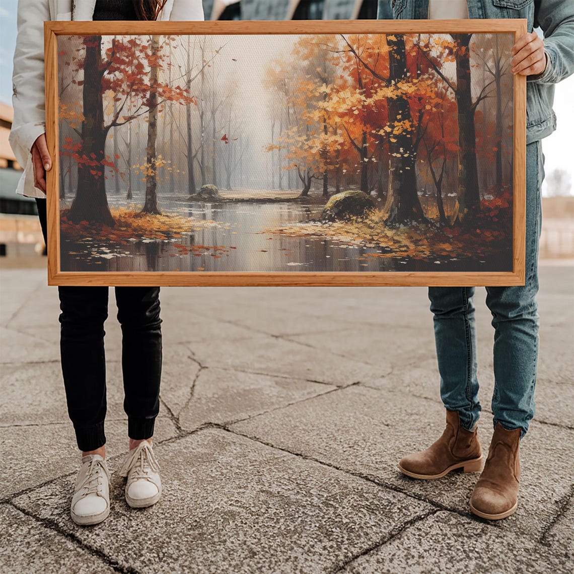 Autumn Forest Red Orange Trees Beside Still Pond Impressionist Poster - Image 5