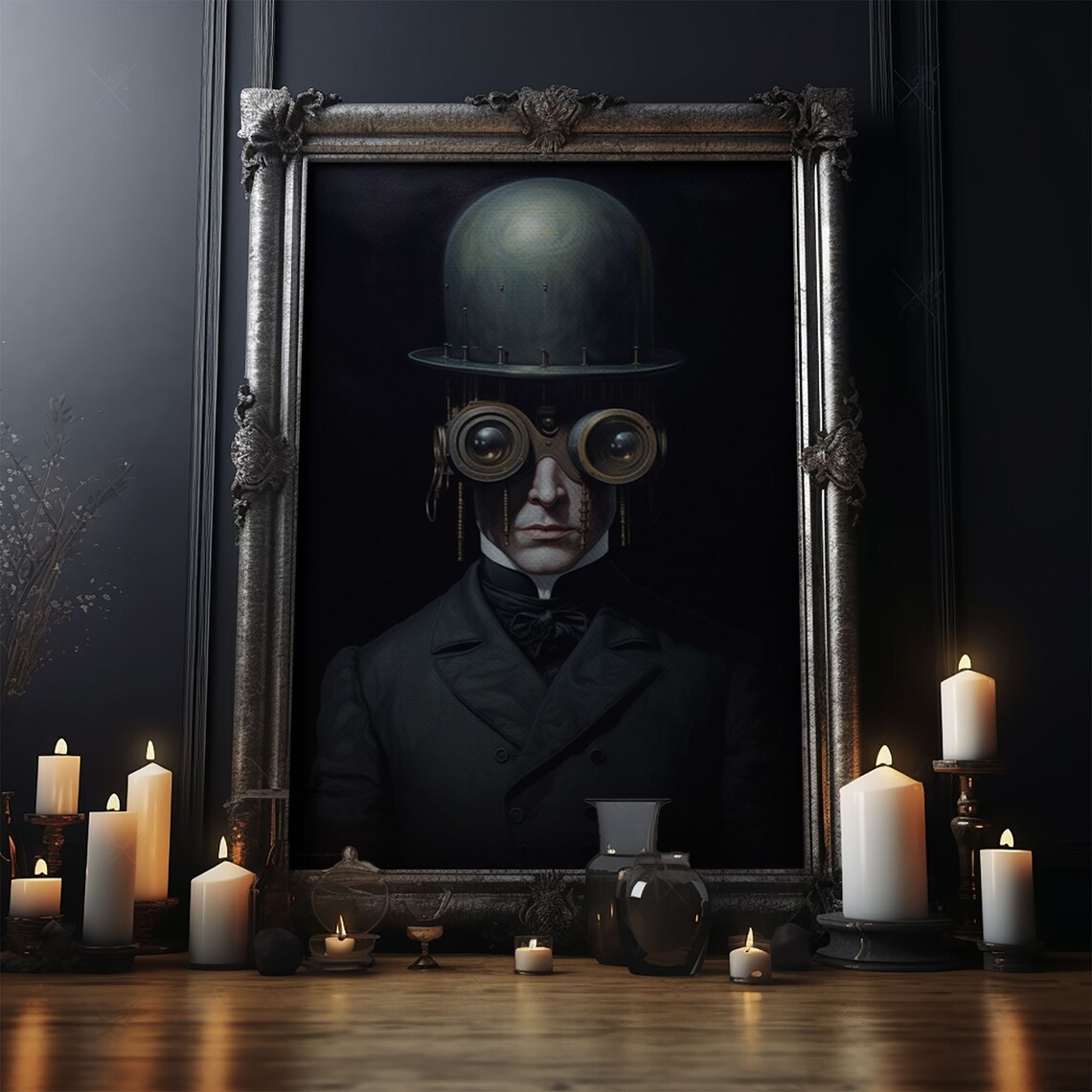 Victorian Steampunk Cyborg Portrait Goggles Bowler Hat Gothic Art Print - Image 4