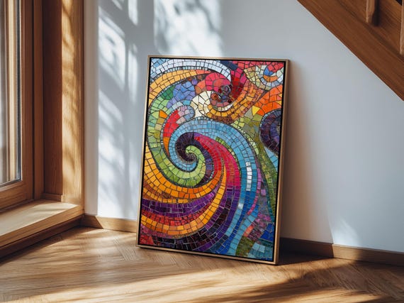 Vibrant Swirling Mosaic Framed Print Moroccan Mosaic Wall Art Cottagecore Decor Colorful Geometric Living Room Art