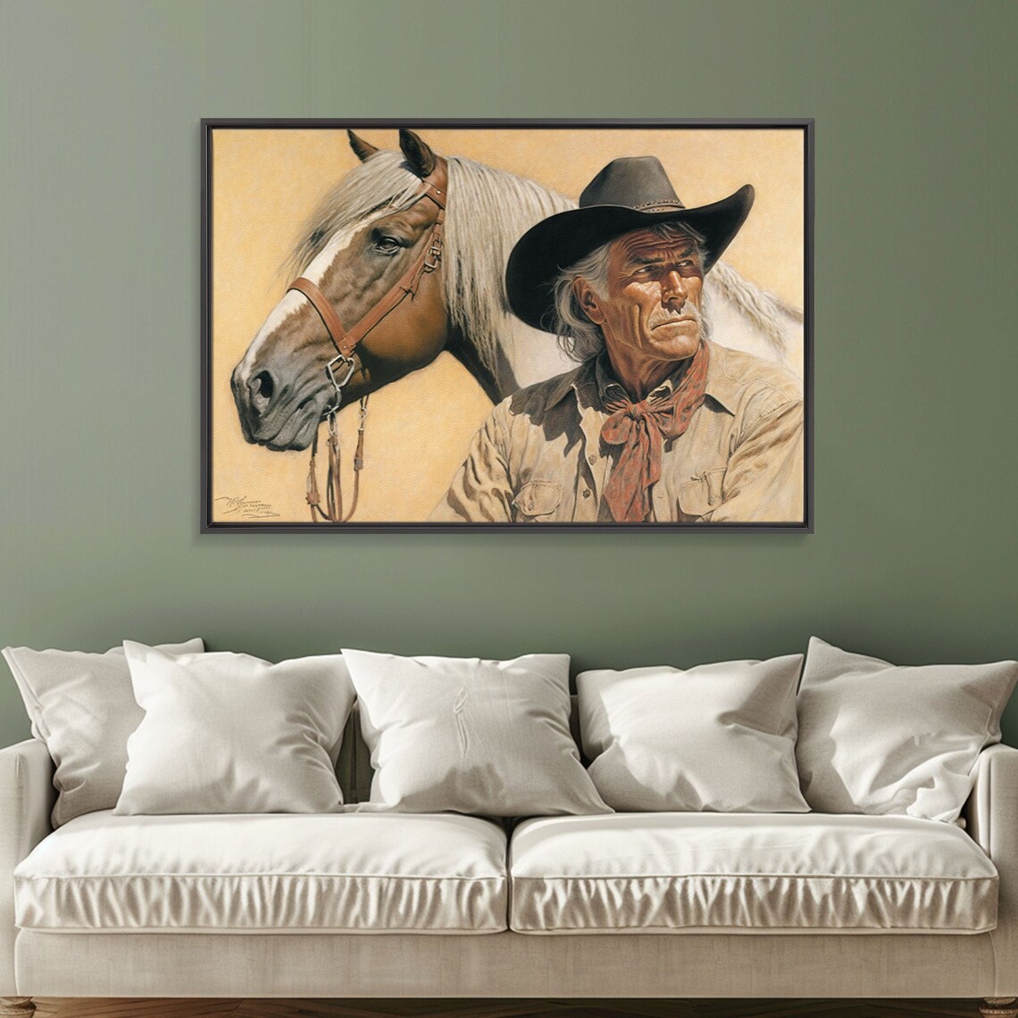 Weathered Cowboy Portrait White Horse Classic Western Art Wall Poster