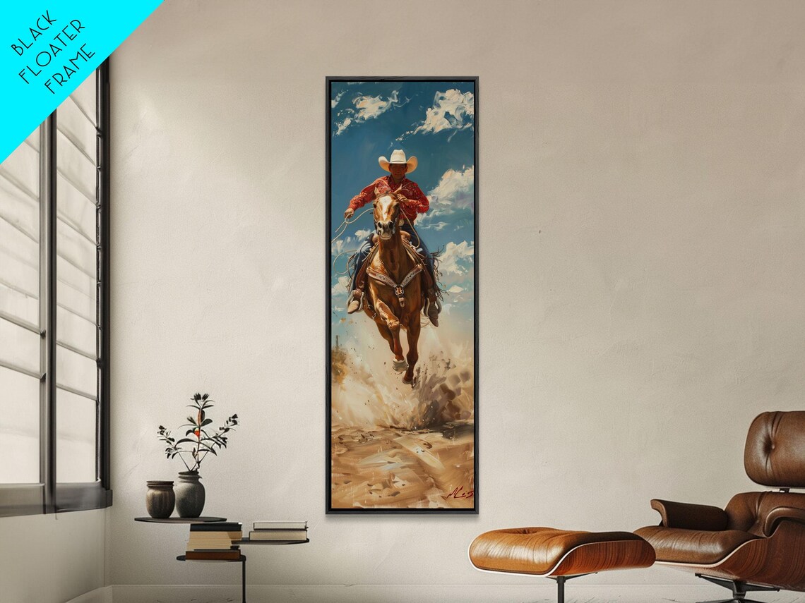 Cowboy Galloping Horse Lasso Dust Western Ranch Oil Painting Poster