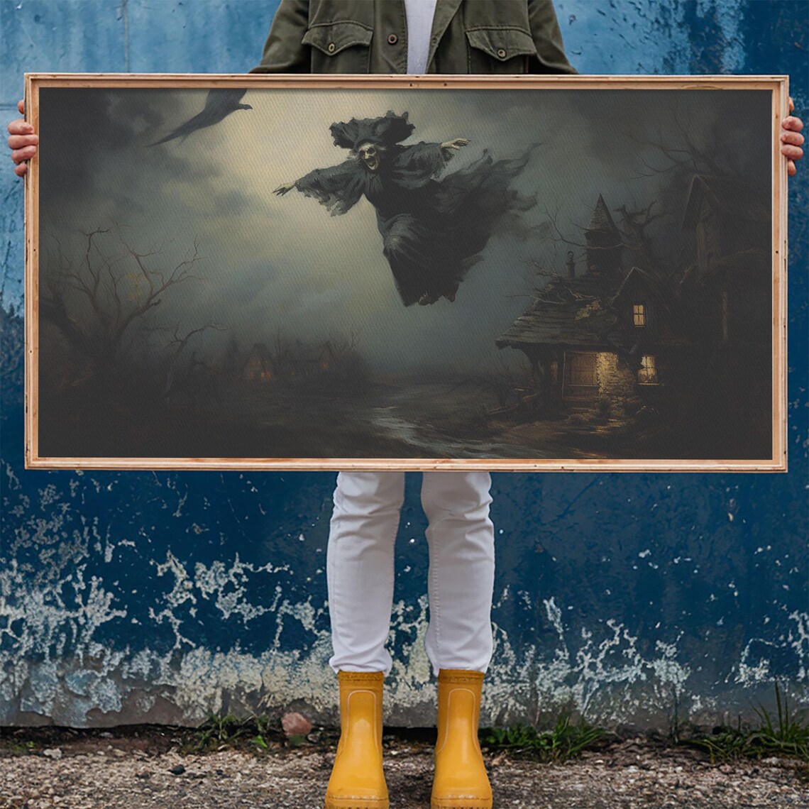 Witch Flying on Broomstick Over Village Night Stormy Sky Art Poster - Image 6