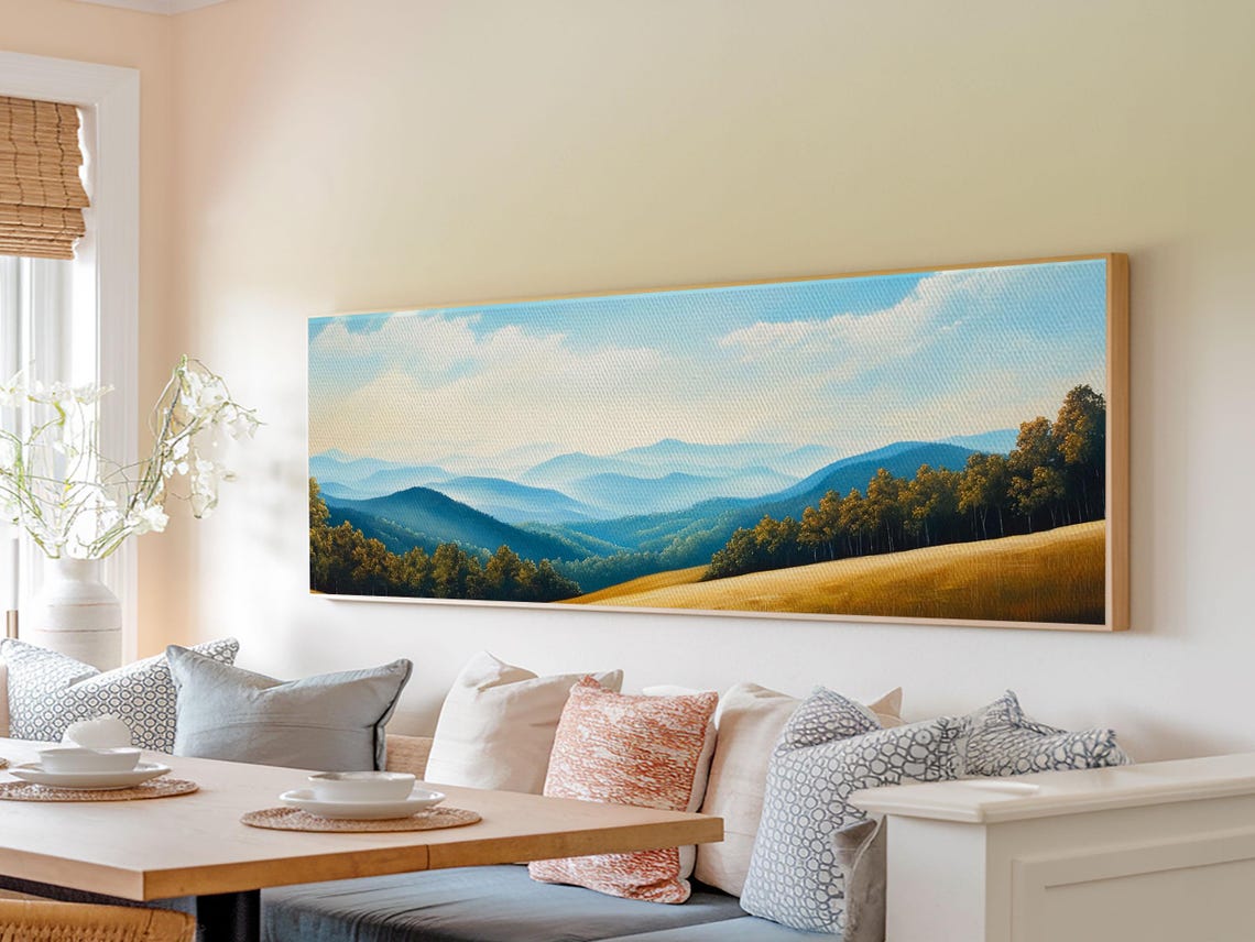 Blueridge Mountains Framed Print Blue Ridge Mountains Painting Panoramic Landscape Painting Horizontal Wall Decor - Image 3