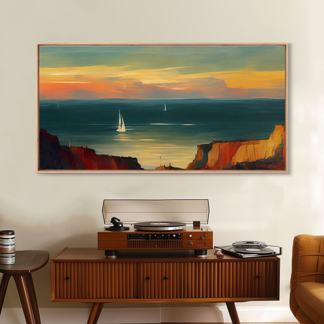Sailboats at Sunset Watercolor Art Print, Lake House