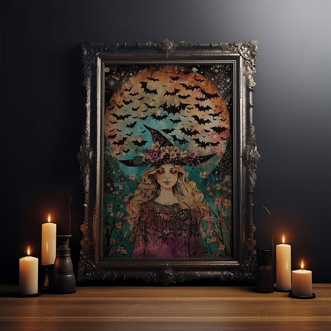 Blonde Witch With Bats Under Full Moon Floral Hat Illustration Poster - Image 4