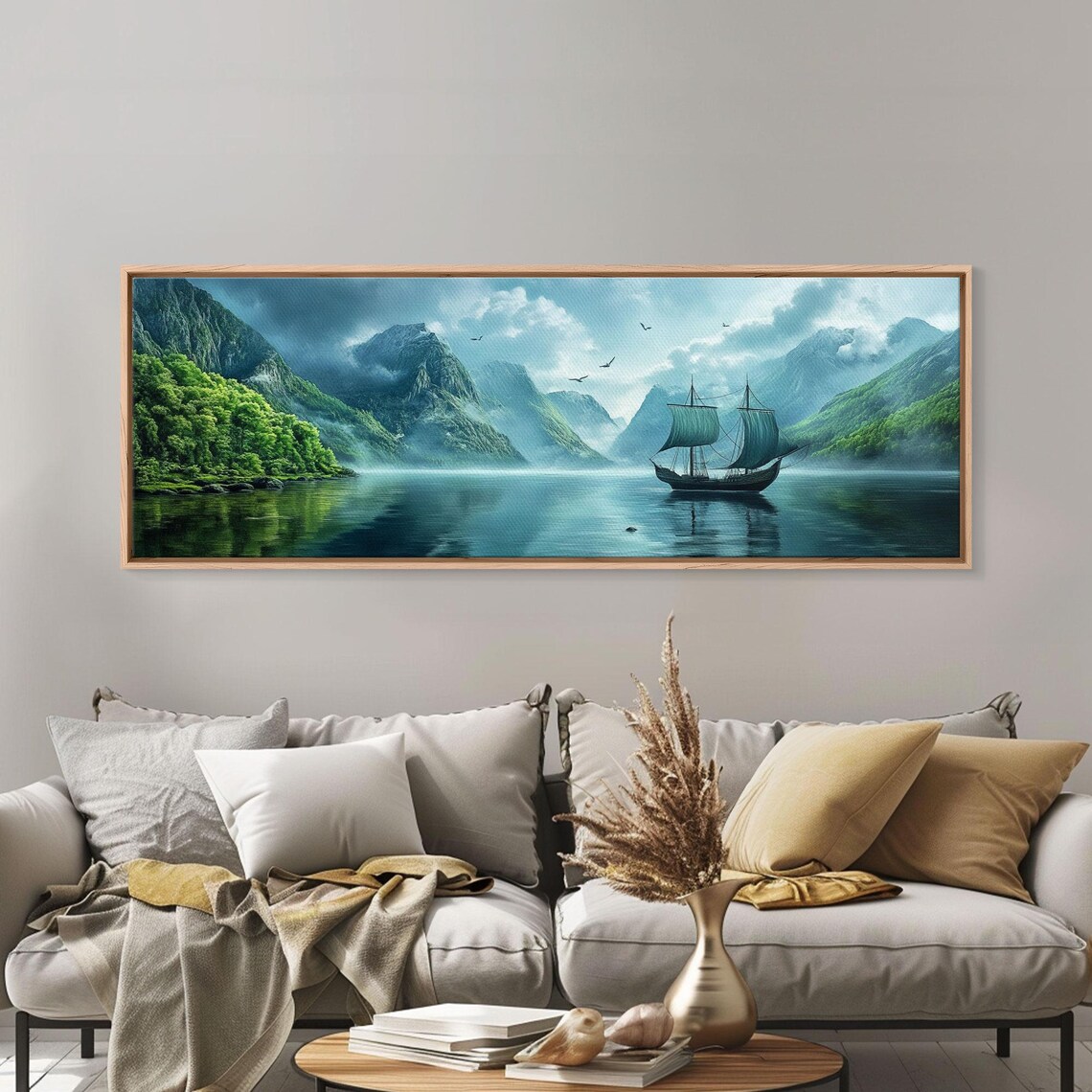 Misty Mountain Fjord Sailing Ship Fantasy Bay Oil Painting Poster - Image 6