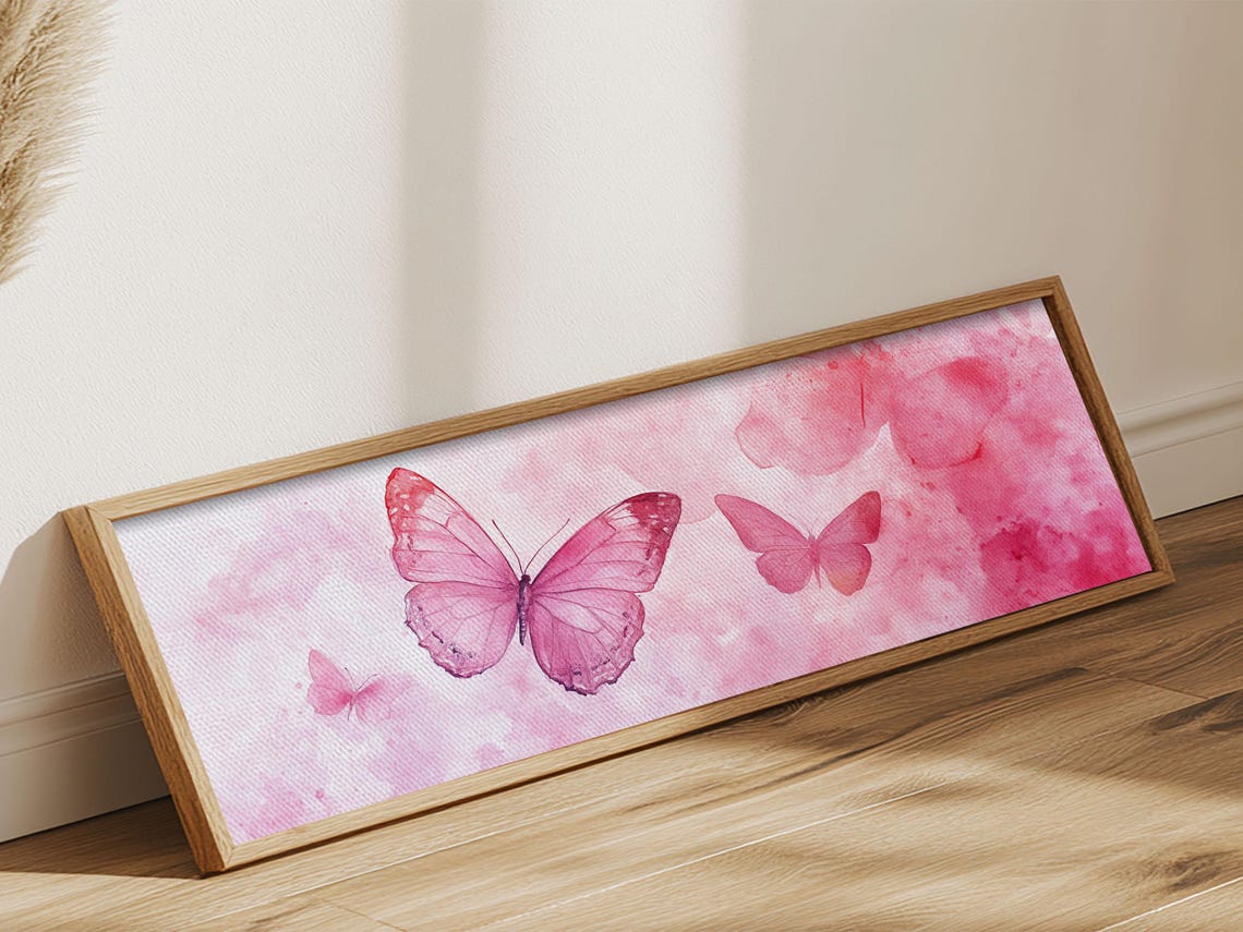 Pink Watercolor Butterflies Whimsical Trio Horizontal Wall Art Poster - Image 6