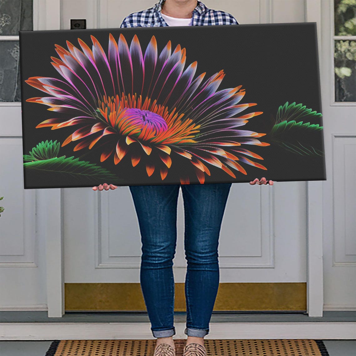 Neon Flower Blooming Dark Background Vibrant Botanical Art Wall Art - Image 4
