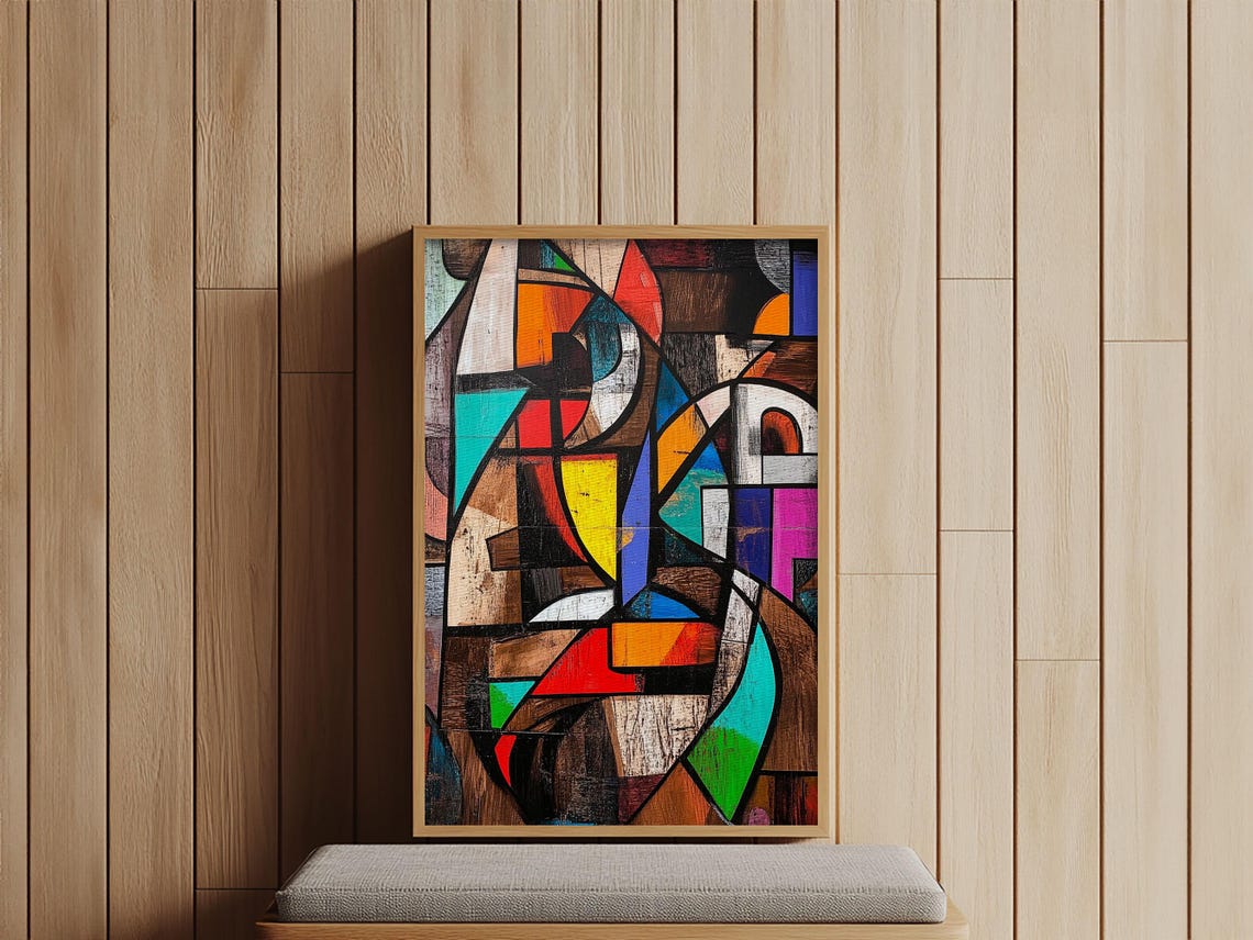 Geometric Framed Print With Stained Glass Effect Modern Wall Art Colorful Rustic Decor Gift Idea For Him Living Room Art - Image 5