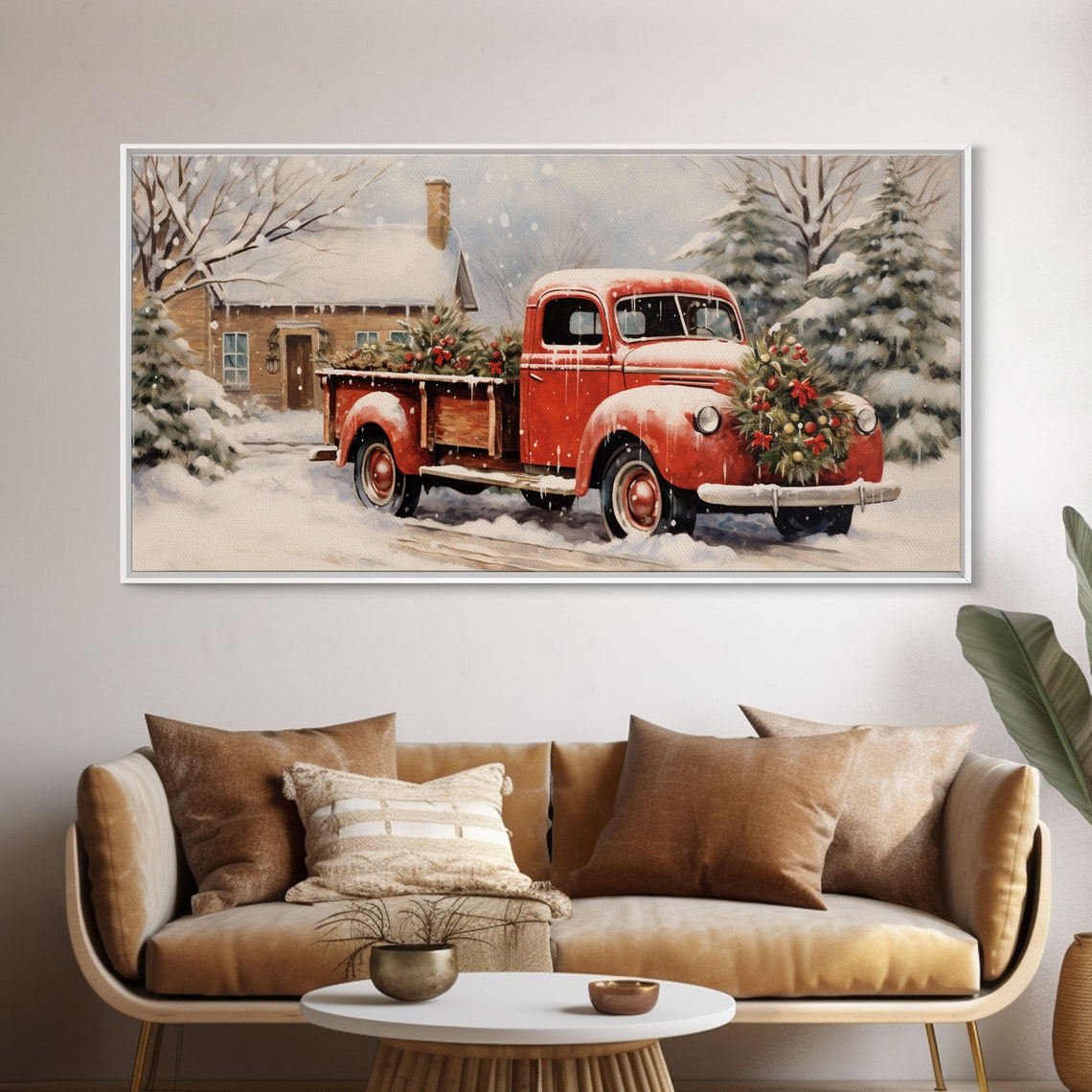 Vintage Red Pickup Truck Christmas Tree Snowy Farm Scene Poster - Image 5