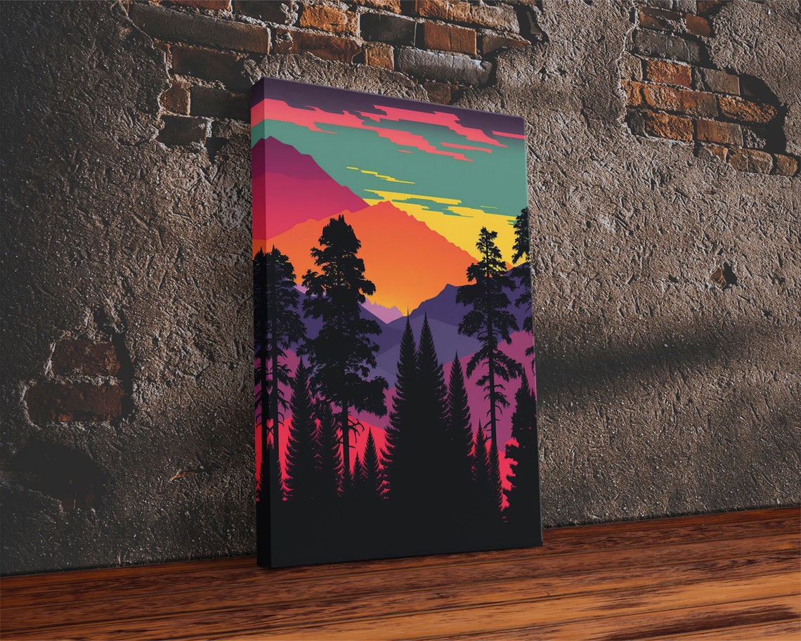 Vibrant Pop Art Mountains Sunset Pine Silhouettes Layered Peaks Poster - Image 2