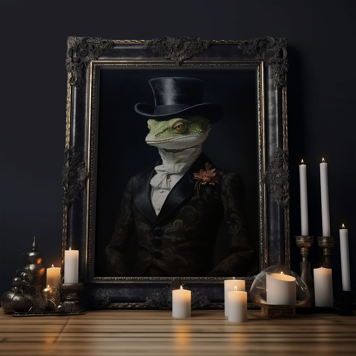 Victorian Gothic Gecko Art Print, Dark Academia