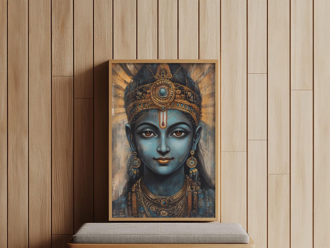 Lord Krishna Blue Deity Portrait Madhubani Style Spiritual Art Print - Image 2