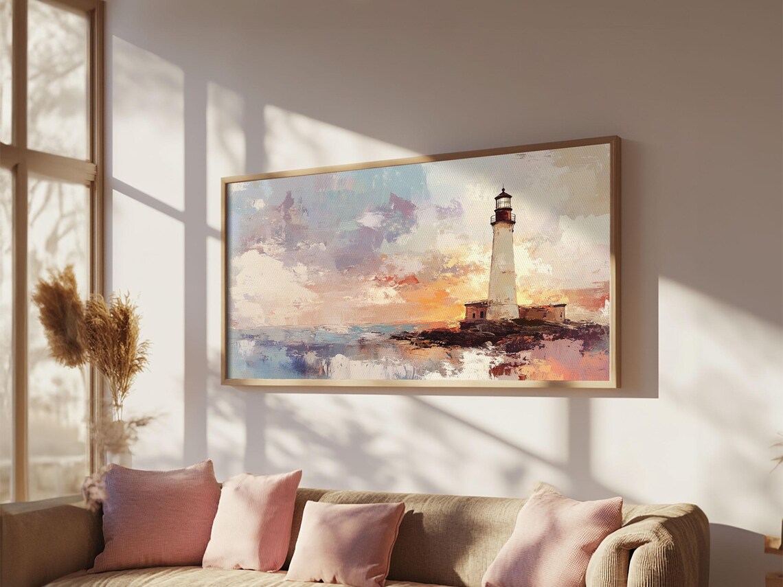 Lighthouse at Sunset Oil Painting Tall White Tower Rocky Shore Art Print - Image 2