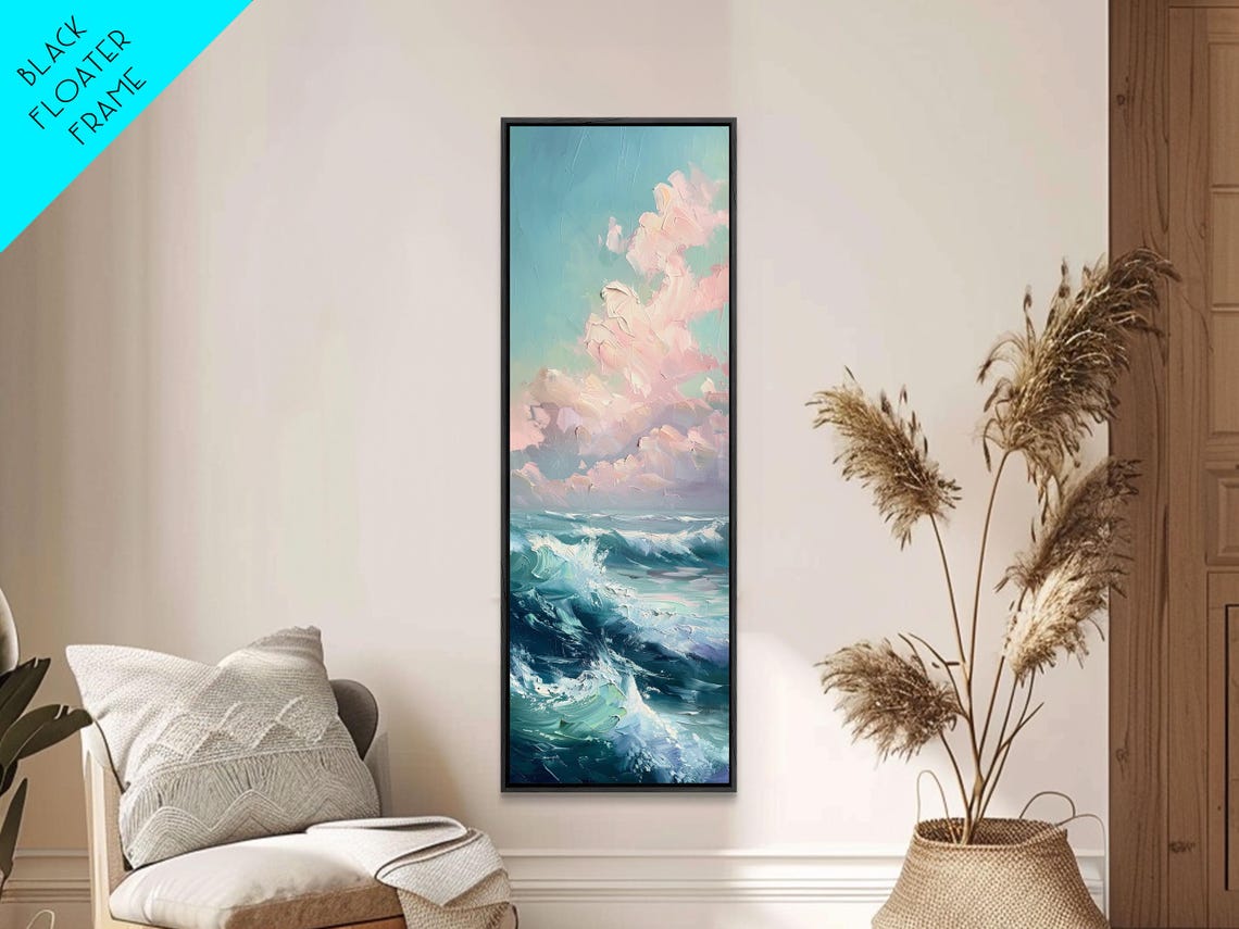 Textured Ocean Waves Pink Clouds Coastal Seascape Painting Poster - Image 6