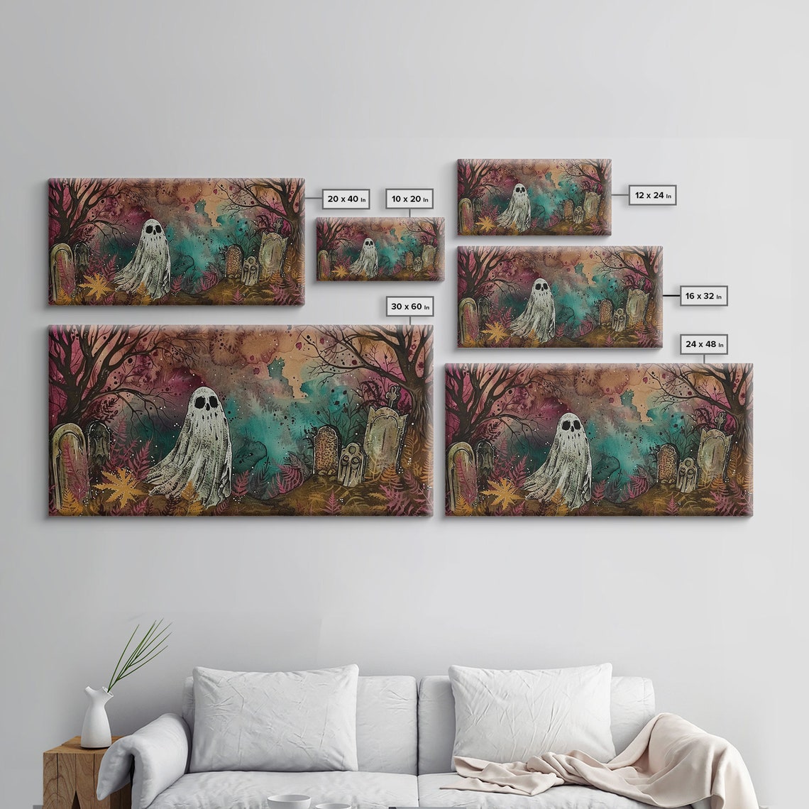 Cute Ghost In Colorful Cemetery Spooky Season Halloween Art Print - Image 2