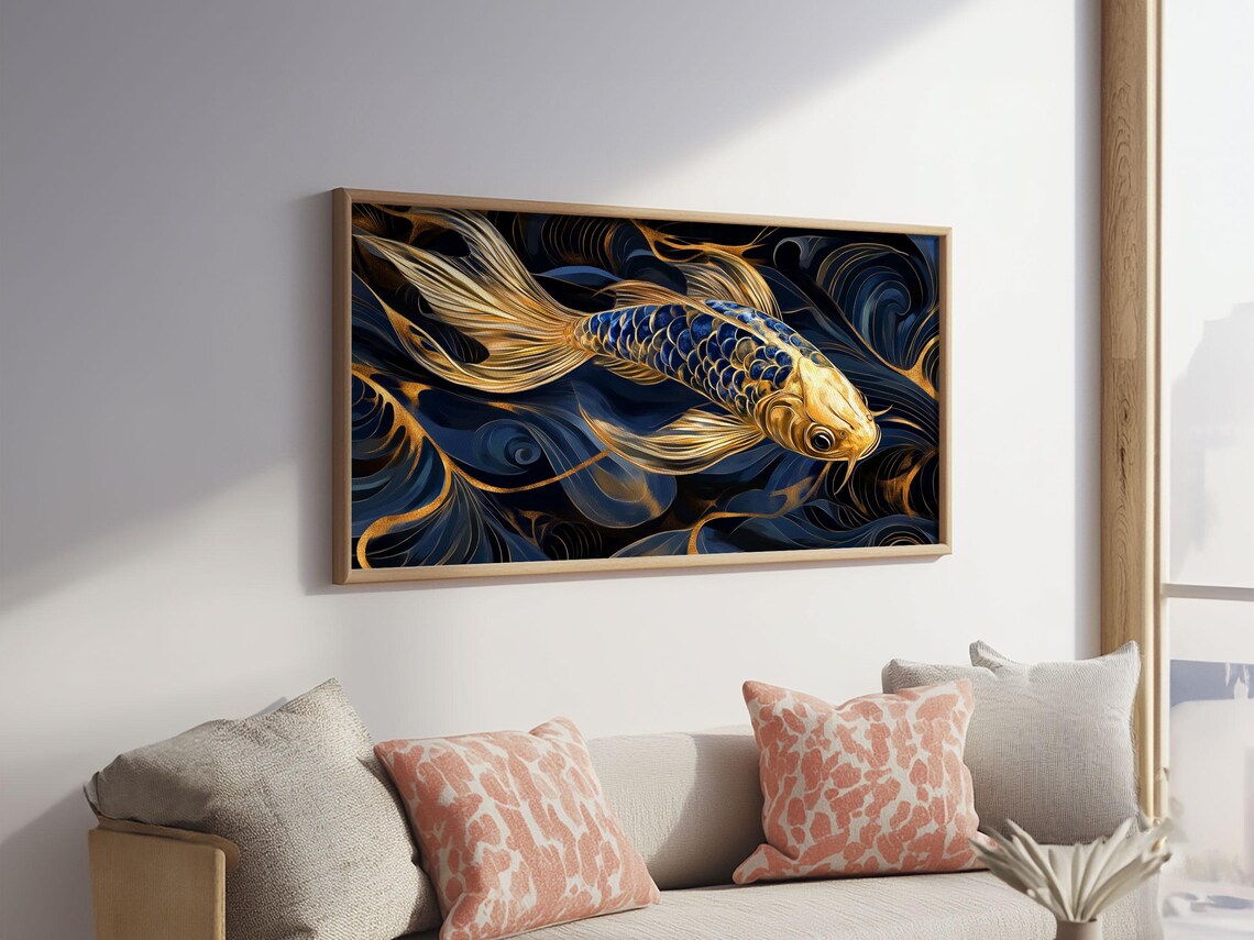 Golden Blue Koi Fish Flowing Fins Dark Elegant Asian Style Wall Art