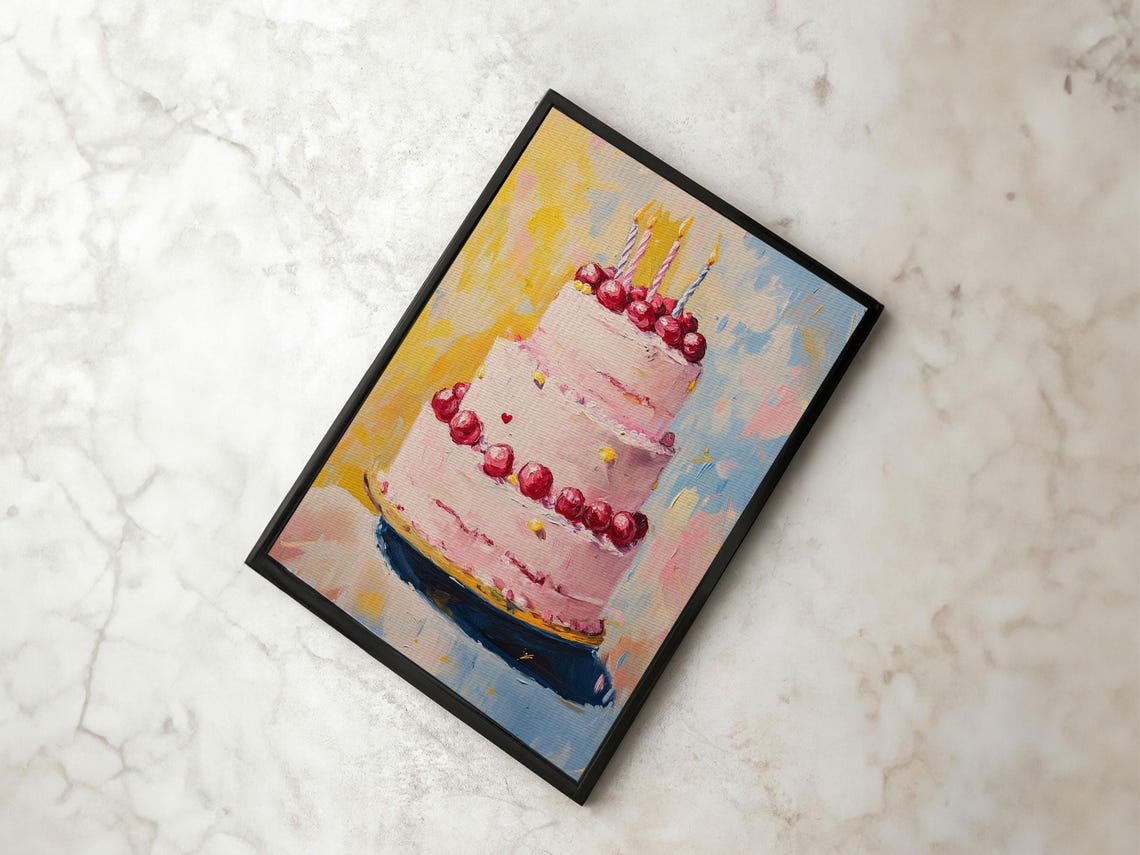 Cherry Birthday Cake With Lit Candles Colorful Oil Painting Poster - Image 6