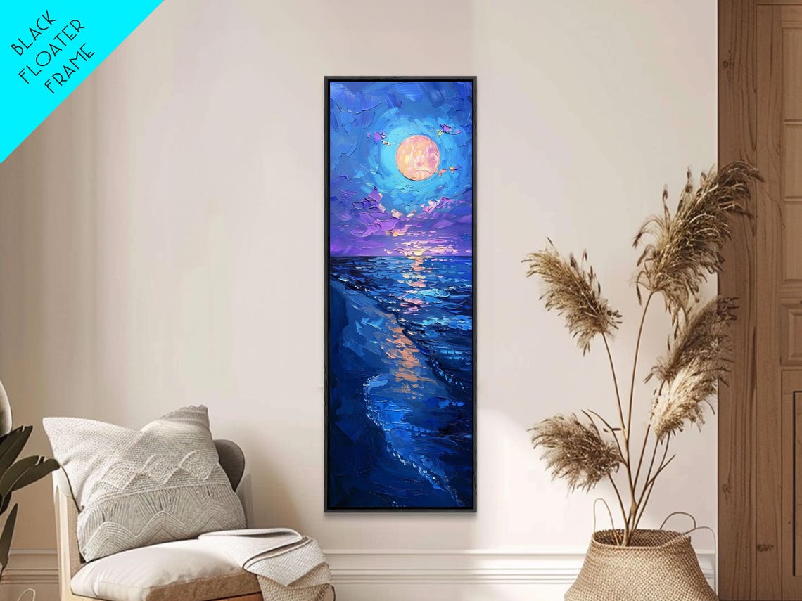 Full Moon Night Ocean Deep Blue Waves Starry Sky Painting Poster - Image 4