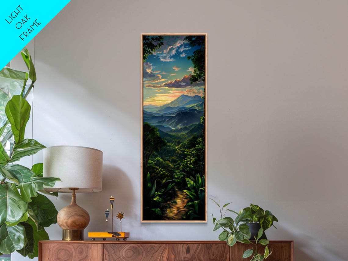 Jungle Landscape Painting Tropical Wall Art Print Mountain Art Printed On Framed Oversized Narrow Landscape Art - Image 2