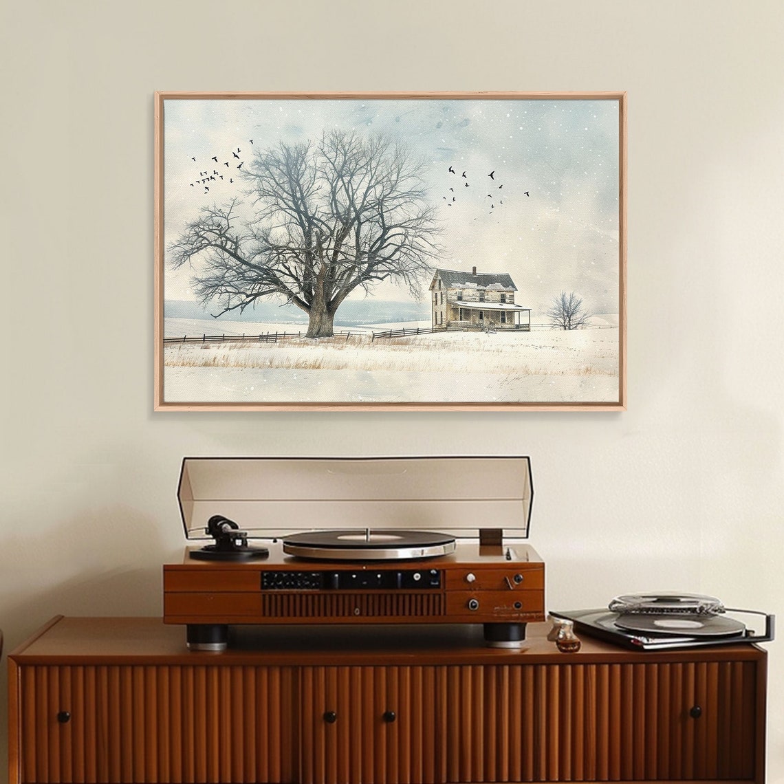 Winter Farm Snowy Field Farmhouse Bare Tree Birds Cold Morning Poster - Image 4