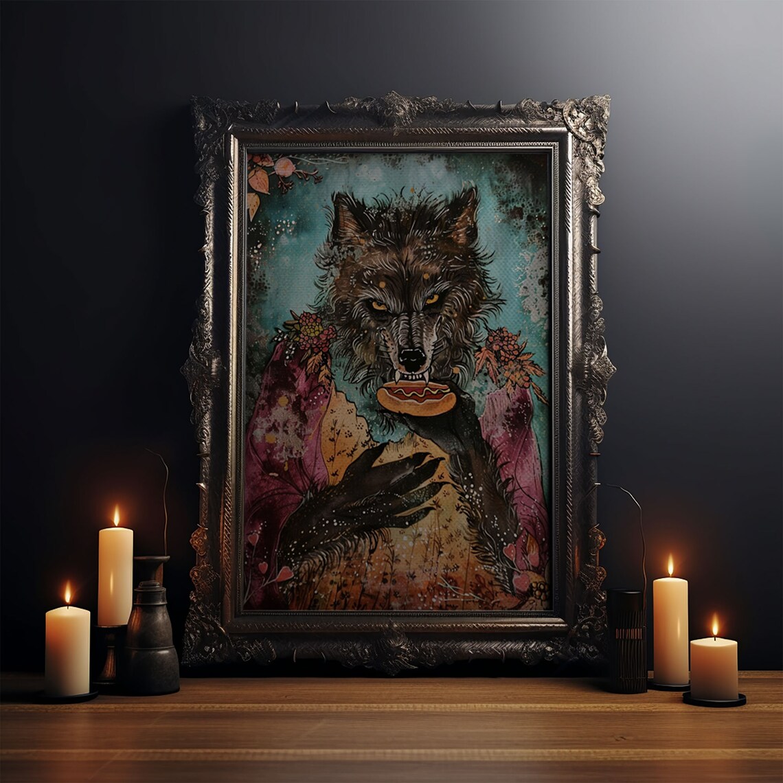 Werewolf Holding Hotdog Floral Dress Funny Halloween Art Poster - Image 3