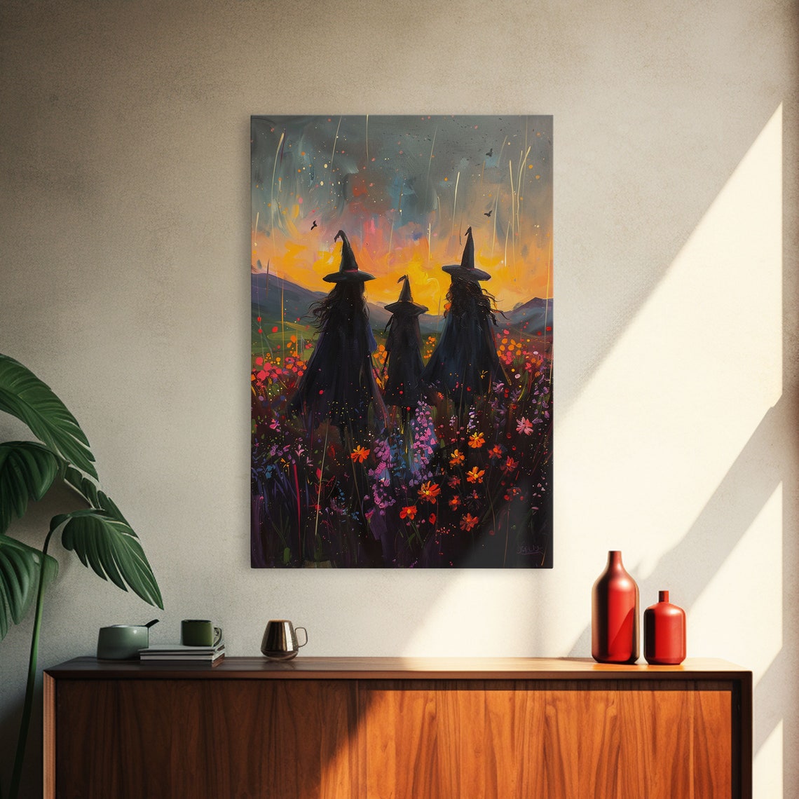 Three Witches Sunset Silhouettes Wildflower Field Painterly Poster - Image 3