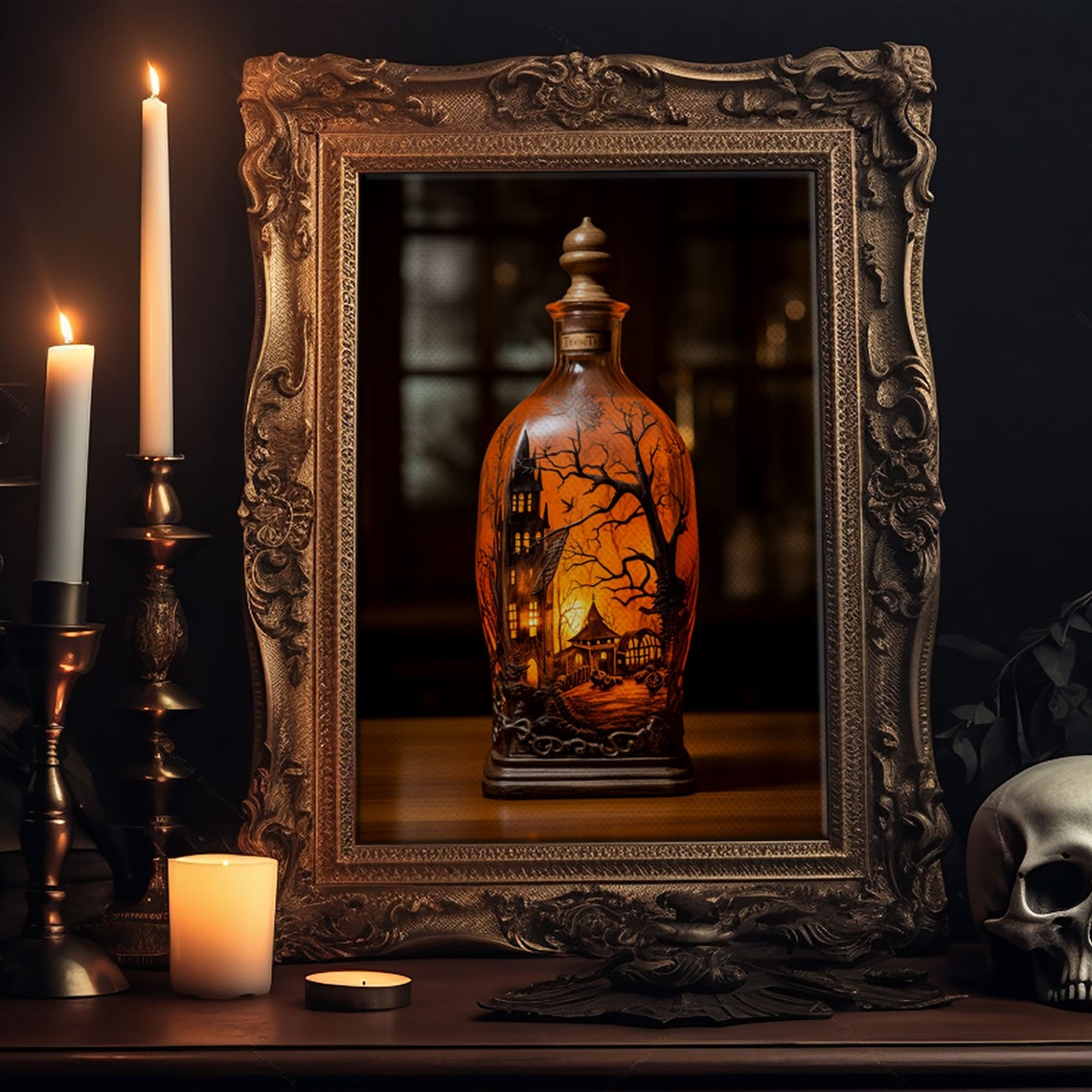 Spooky Haunted House In A Jar Glowing Glass Bottle Halloween Print