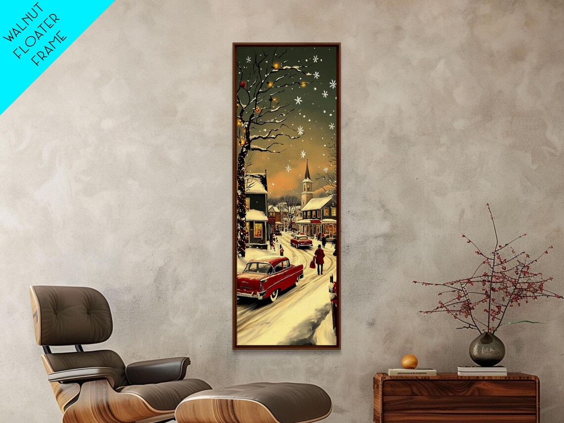 Snowy Village At Night With Classic Red Car And Church Steeple Poster - Image 6