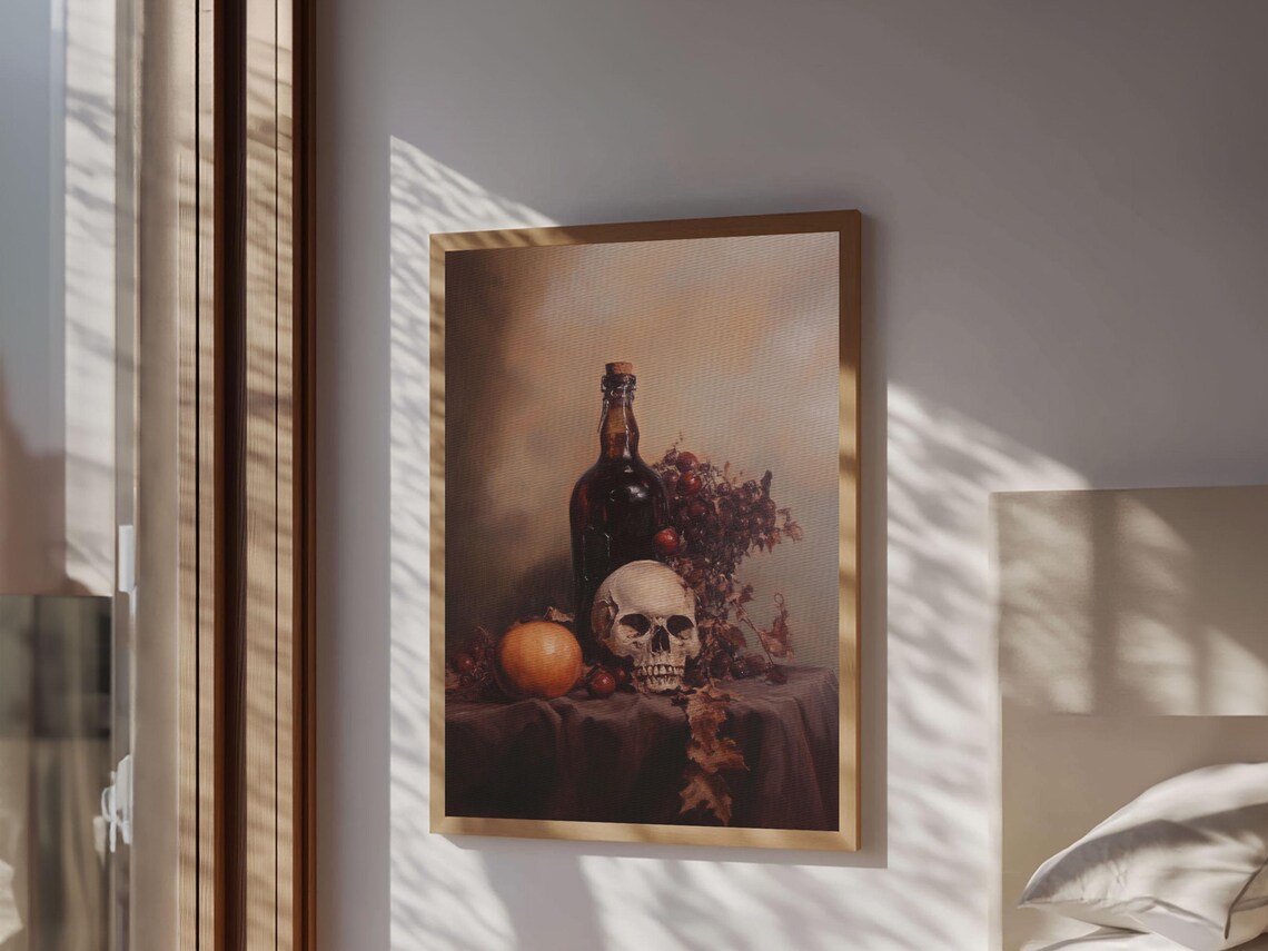 Skull Wine Bottle Fruit Still Life Dark Vanitas Oil Painting Gothic Wall Art - Image 6
