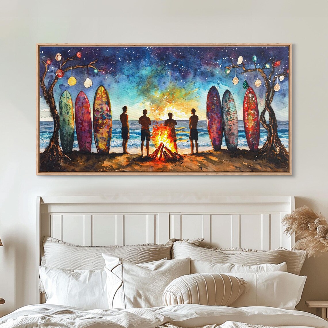 Beach Bonfire Christmas Night Surfboards Starry Sky Art Print - Image 2
