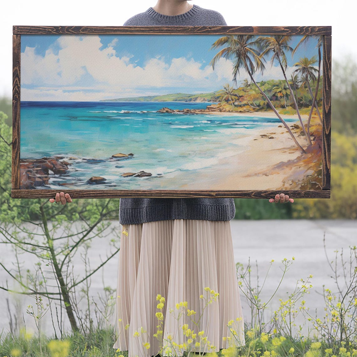 Tropical Palm Tree Beach Turquoise Ocean Sandy Cove Painting Poster - Image 2