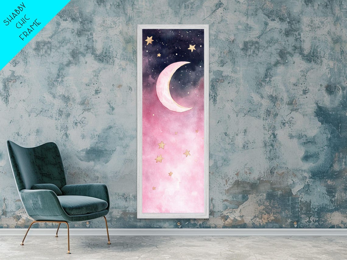Pink Crescent Moon Gold Stars Watercolor Night Sky Celestial Poster - Image 4