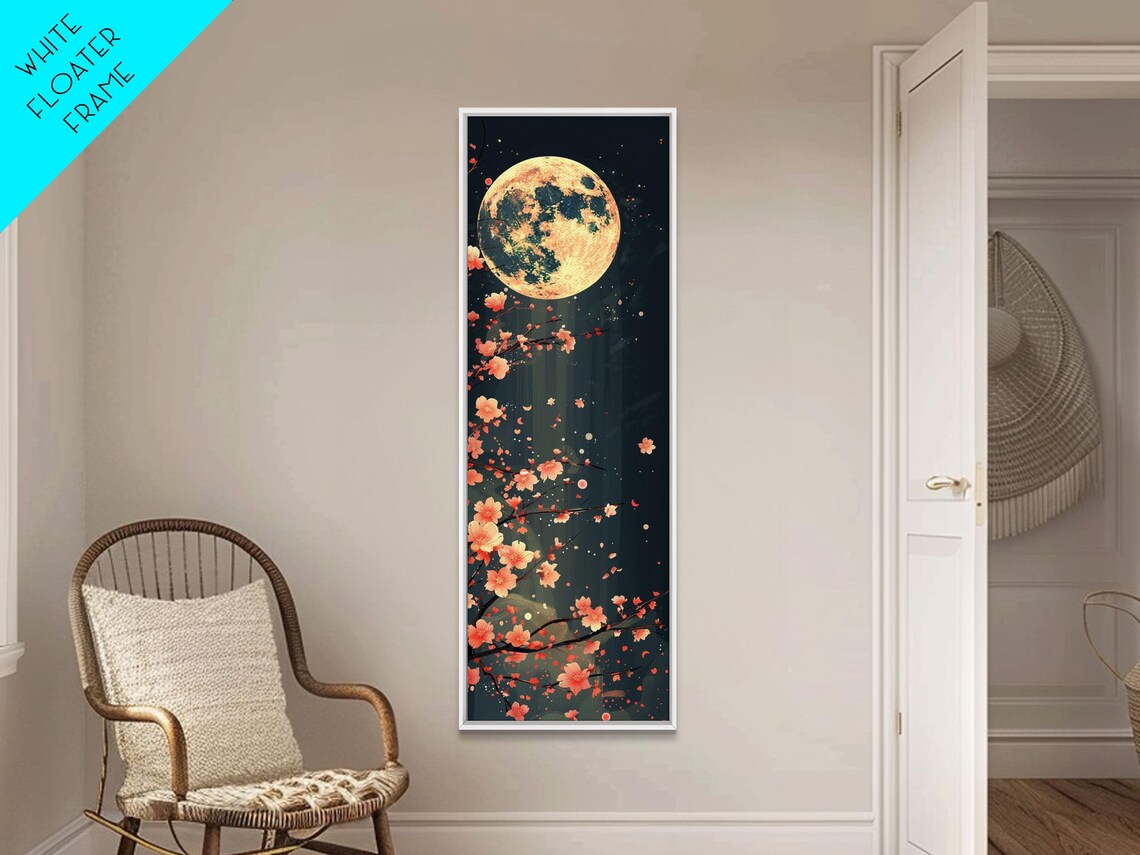 Full Moon Cherry Blossoms Starry Night Dark Floral Art Print - Image 6