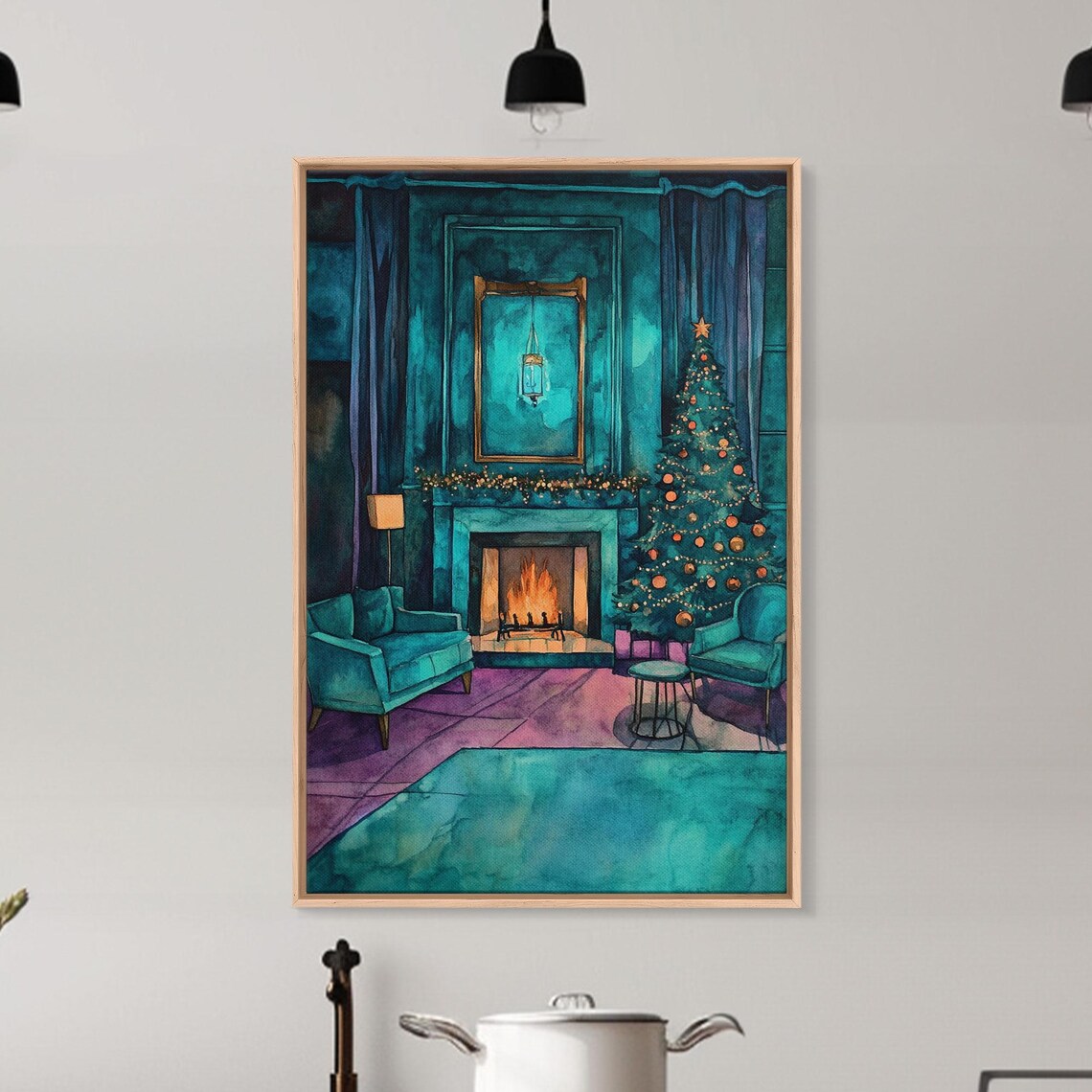 Elegant Teal Living Room With Christmas Tree And Fireplace Poster - Image 2