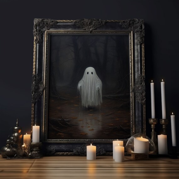 Cute Little Ghost Glowing In Dark Forest Funny Halloween Art Poster