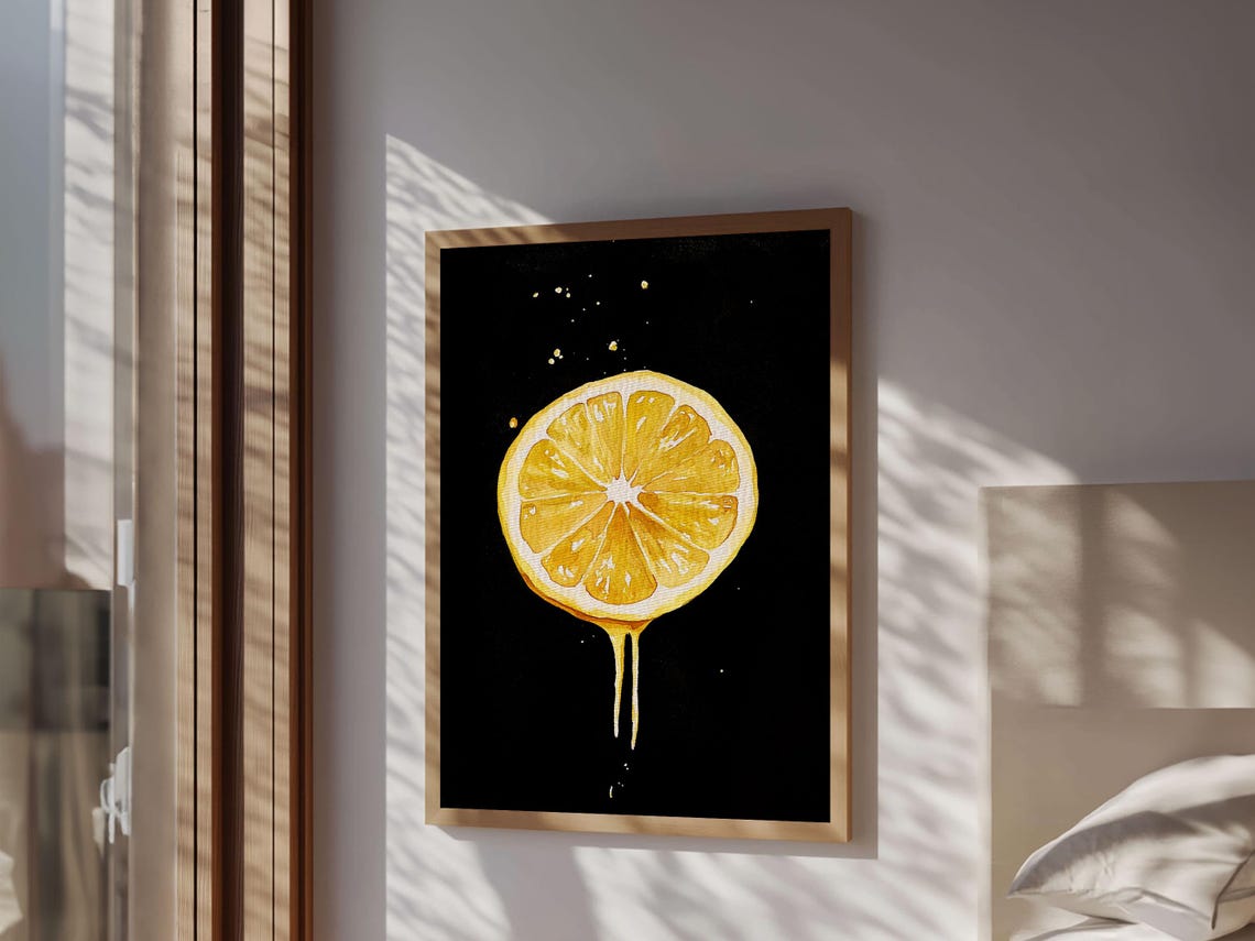 Fresh Lemon Slice Cross Section On Black Modern Kitchen Print - Image 5