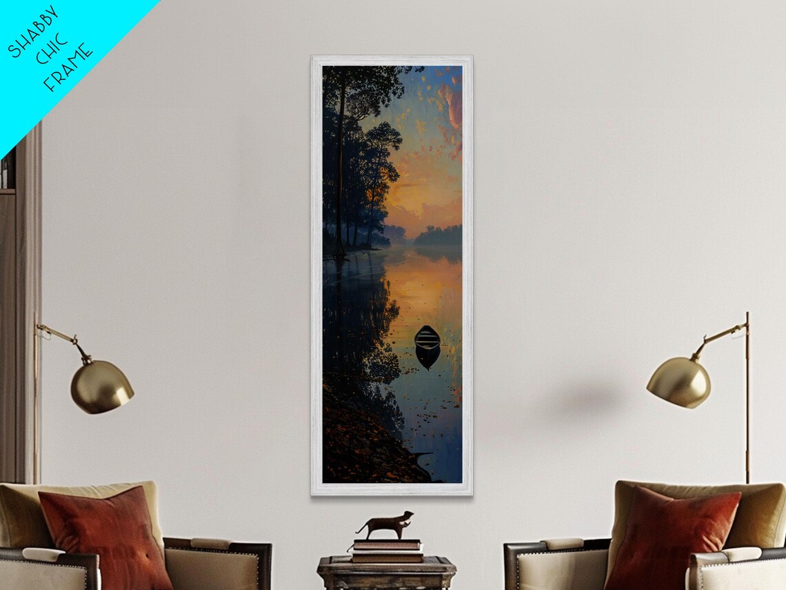 Calm River Reflection With Lone Boat Art Print - Image 4