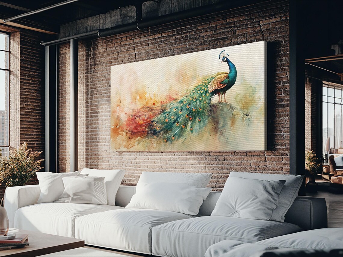 Majestic Peacock Iridescent Tail Warm Watercolor Wildlife Art Poster - Image 6
