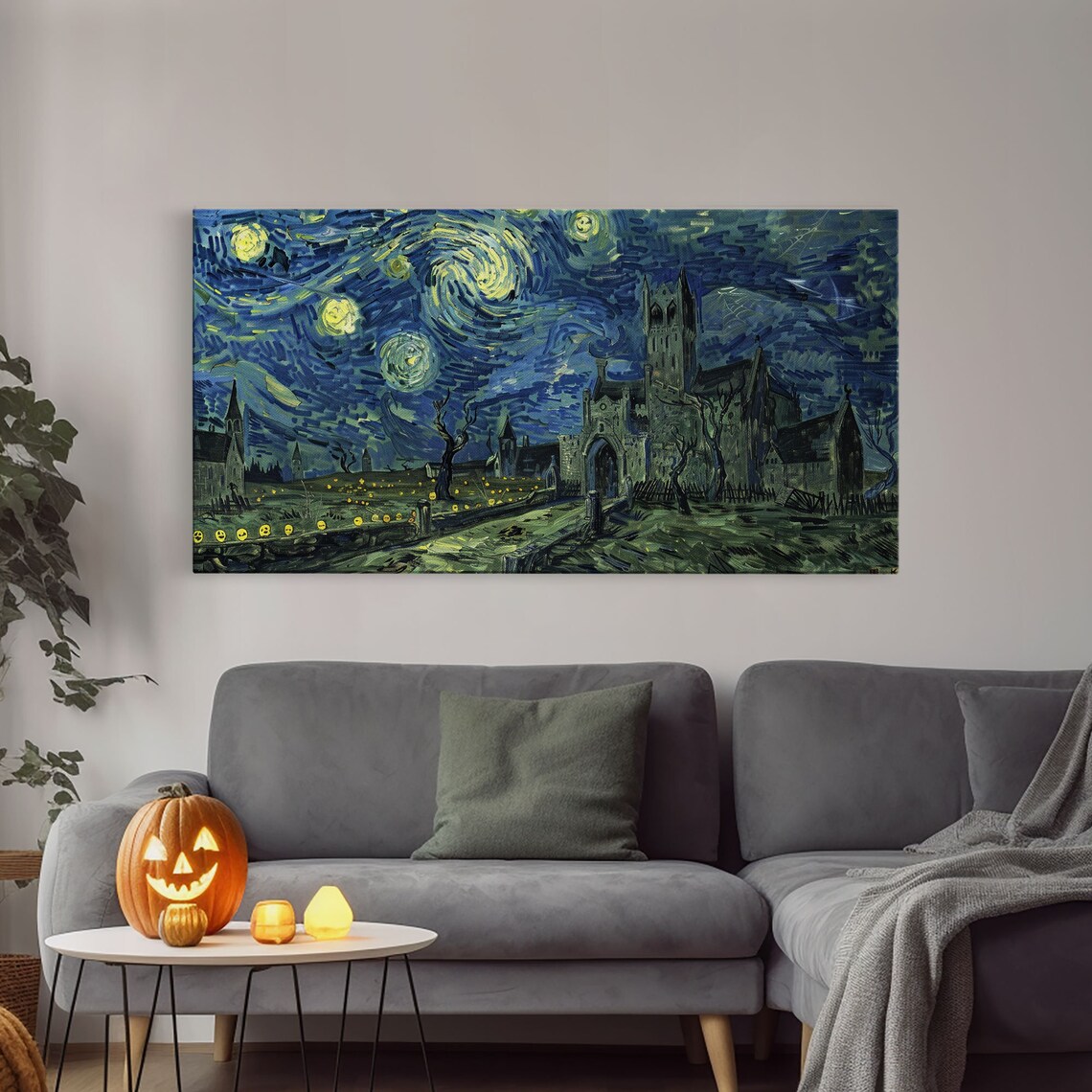 Starry Night Haunted Castle Ruins Swirling Sky Pumpkins Halloween Poster - Image 4