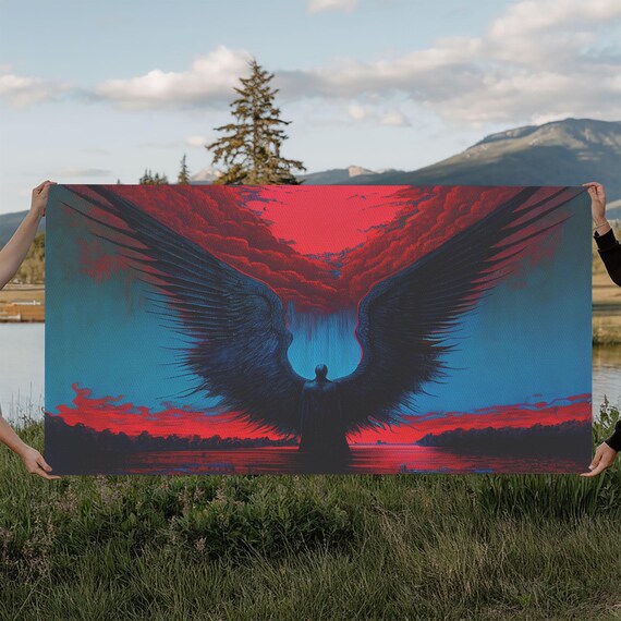 Dark Angel Huge Black Wings Spread Red Stormy Sky Silhouette Wall Poster