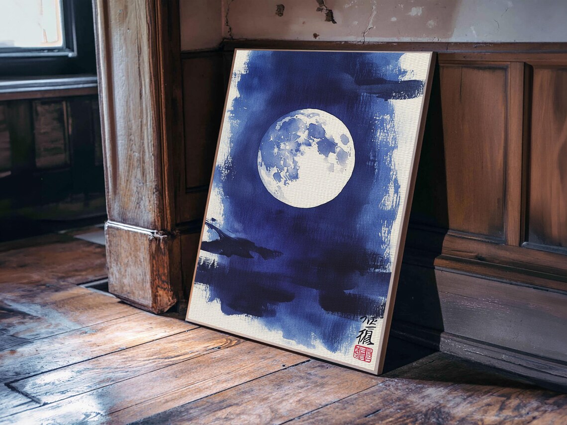Japanese Full Moon Indigo Night Sky Calligraphy Watercolor Print - Image 2