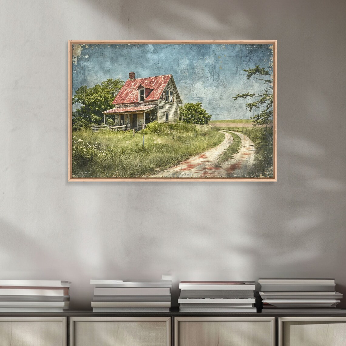 Old Farmhouse Red Tin Roof Winding Dirt Road Tall Grass Vintage Poster - Image 3