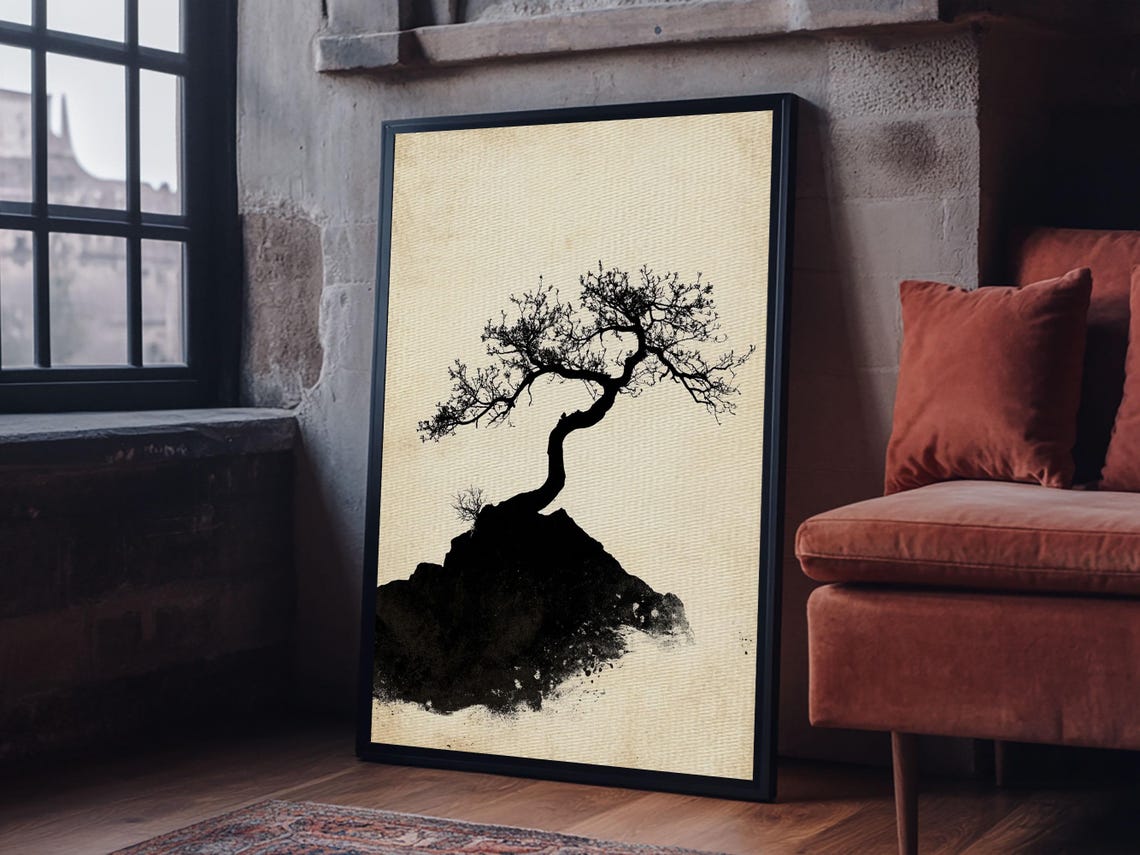 Black Ink Bonsai Tree Minimalist Japanese Wabi Sabi Zen Wall Art - Image 5