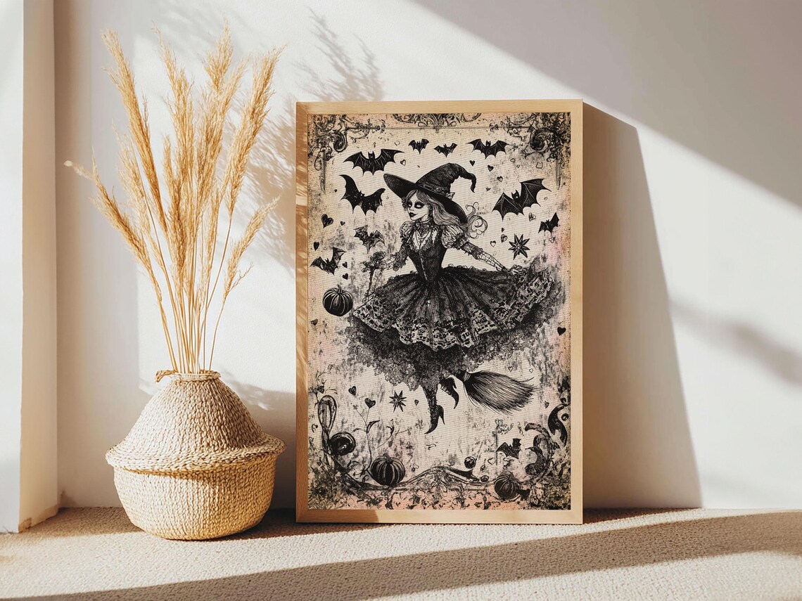 Vintage Witch With Bats Storybook Gothic Halloween Art Print - Image 2