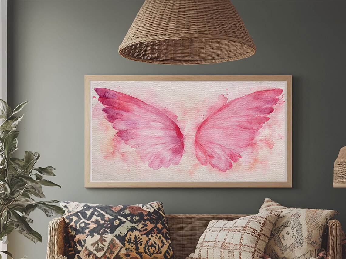Pink Angel Wings Watercolor Whimsical Feminine Bedroom Wall Art Print - Image 5