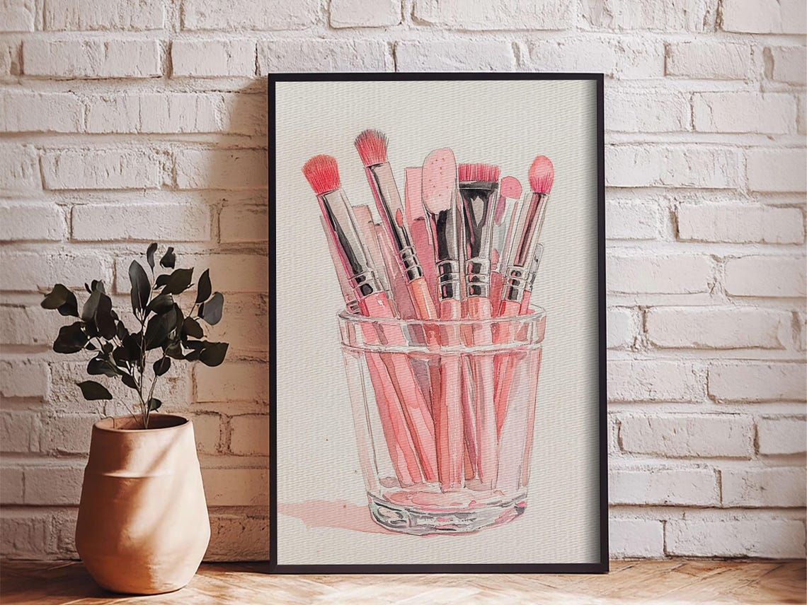 Pink Makeup Brushes in Glass Cup Watercolor Print Vanity Decor Poster - Image 4