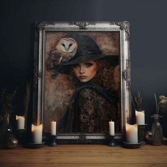 Beautiful Red Haired Witch Barn Owl Portrait Gothic Art Poster