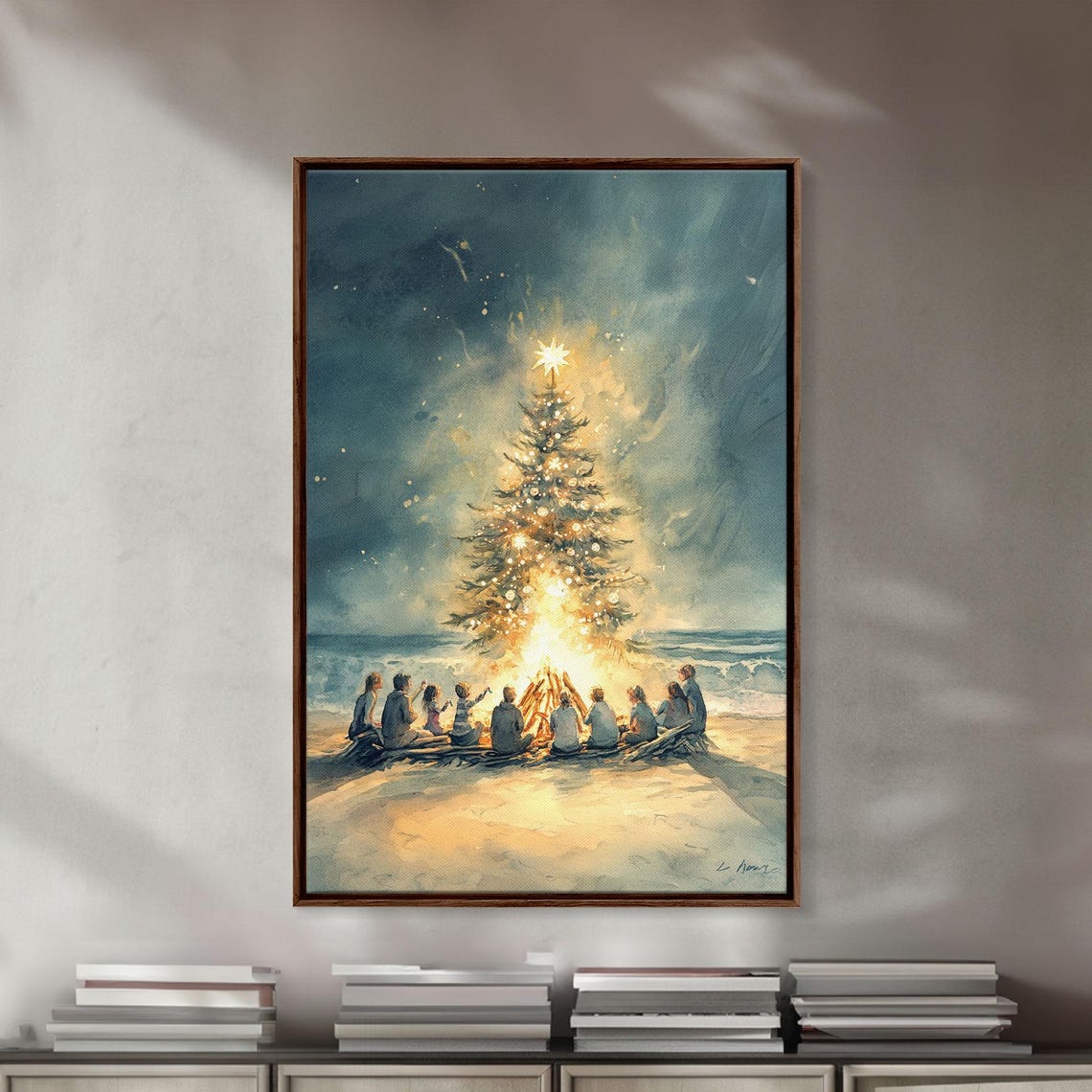 Christmas Beach Bonfire With Glowing Tree At Night Watercolor Poster - Image 2
